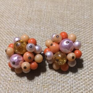 Vintage Orange And Pink Cluster  Beaded Japan Clip On Earrings